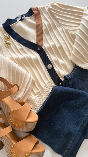 THML Balloon Sleeve Colorblock Knit Cardigan