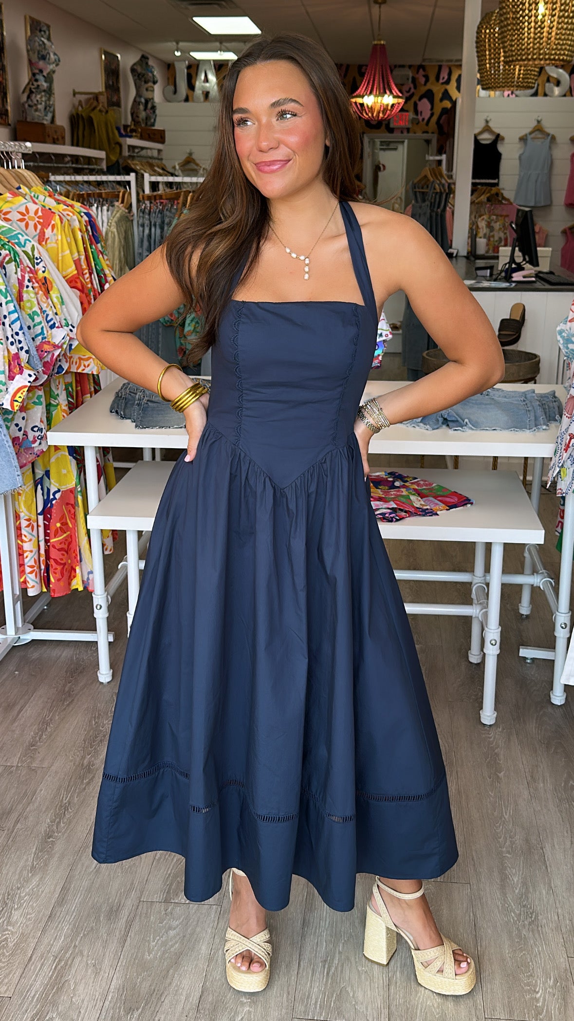 Moon River | Navy Halter Neck Basque Midi Dress