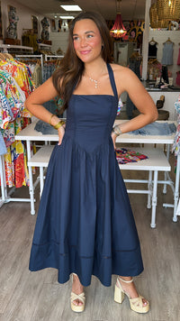 Moon River | Navy Halter Neck Basque Midi Dress