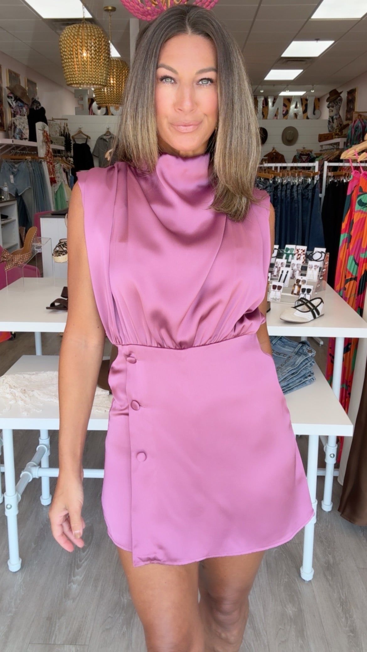 Karlie | Orchid Solid Satin Drape Romper *BEST SELLER*