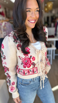 Floral Knit Tie Cropped Sweater Cardigan in Ivory (1 LARGE)