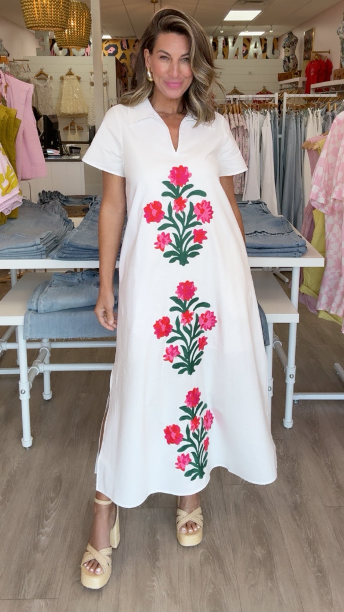 Crosby | Franny Dress in Ivory w/ Embroidery (1 MEDIUM)