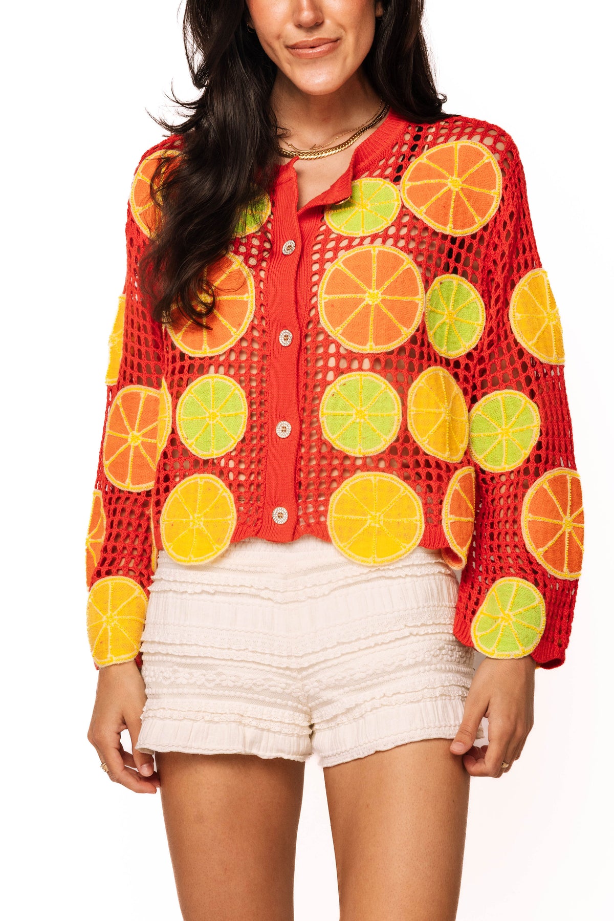 Queen of Sparkles | Crochet Lemon, Lime and Orange Button Up Sweater (SMALL)