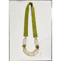 Suede Strap Necklace Bone Glass Beads Coconut Wood- Green