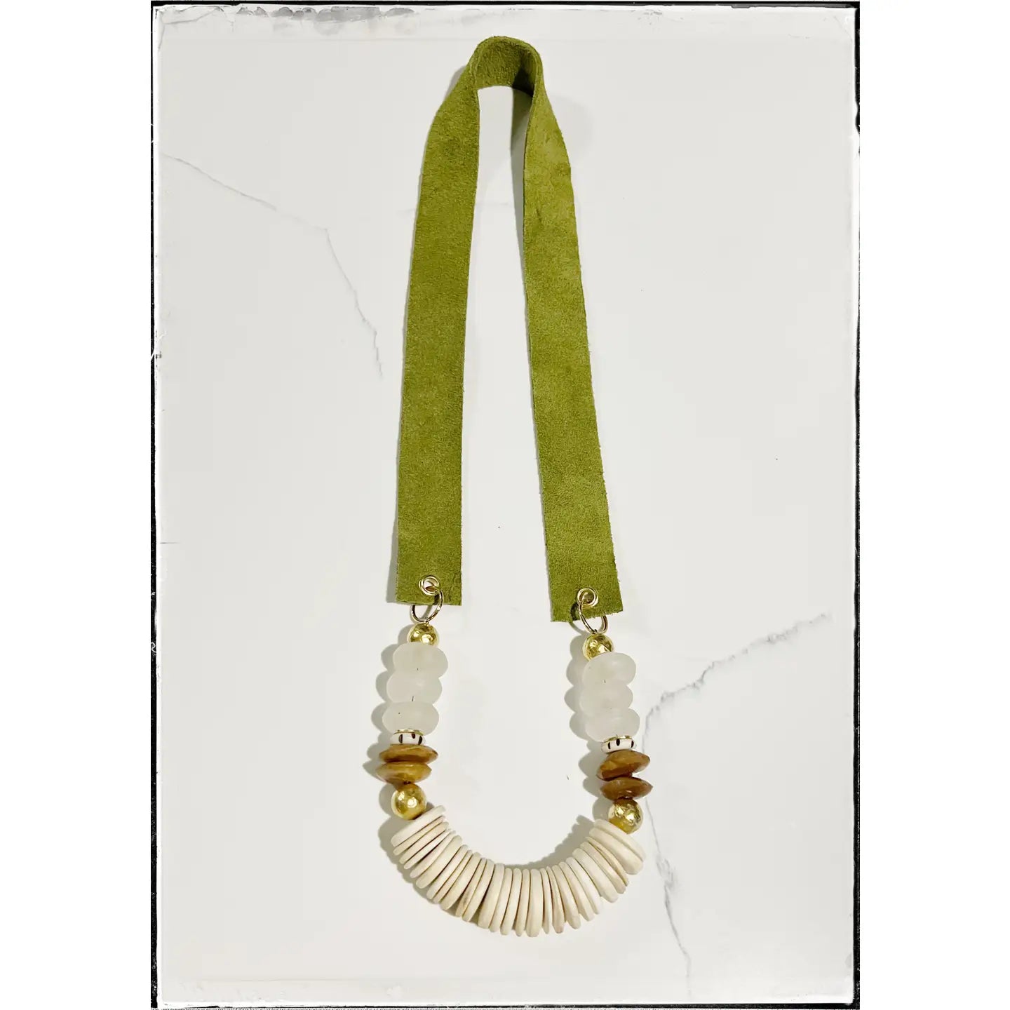 Suede Strap Necklace Bone Glass Beads Coconut Wood- Green