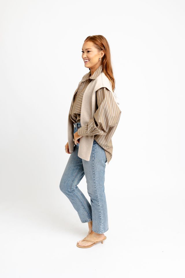 Karlie | Hailey Brown Stripe Poplin Sweater Buttondown