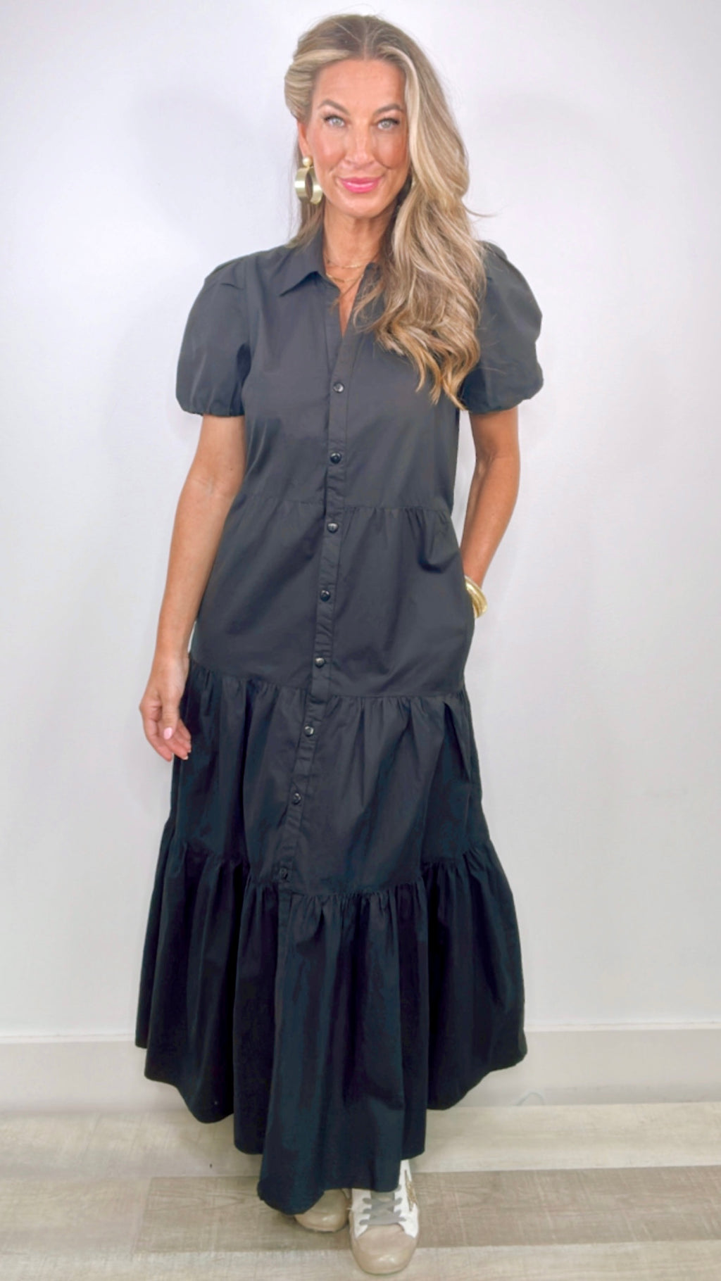 Black Puff Sleeve Button Down Midi Dress (SMALL)