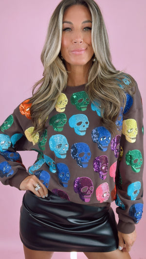 Queen of Sparkles Brown Rainbow Skulls Sweatshirt