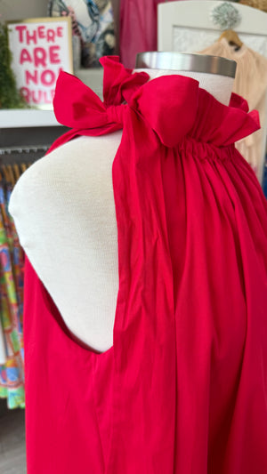 Red Tie Neck Ruffle Sleeveless Dress