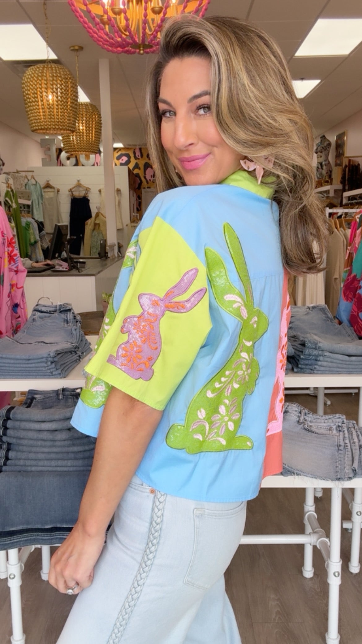 Queen of Sparkles Colorblock Easter Bunny Cotton Top (TOP ONLY)