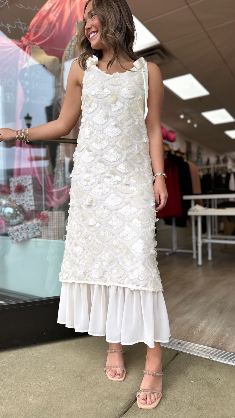 midi white sparkly dress En Saison Ecru Sequin Tulle Tie Shoulder Midi Dress (1 MEDIUM) MEDIUM