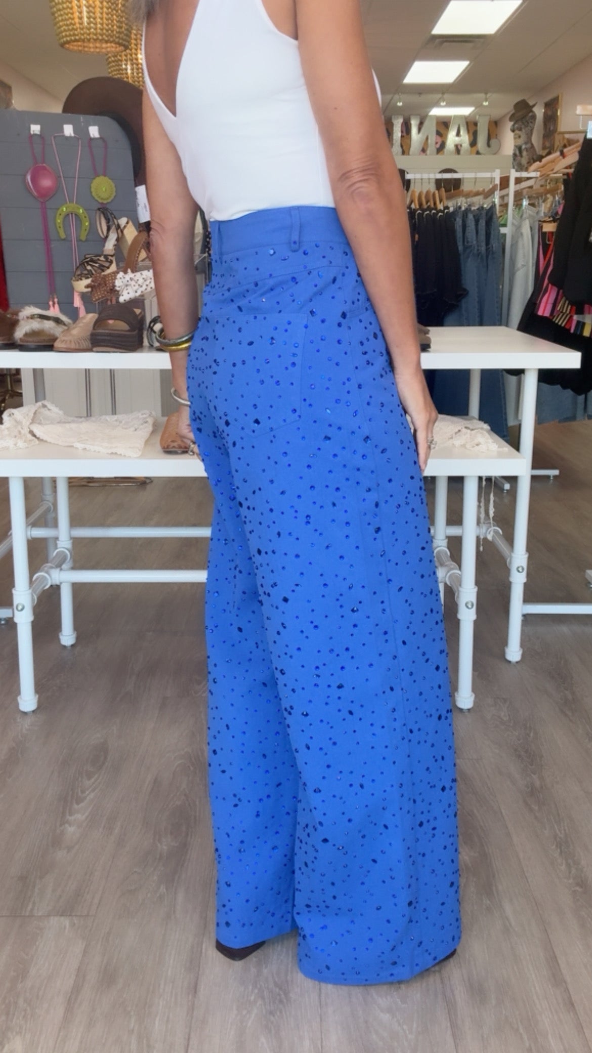 Queen of Sparkles Blue Wide Leg Rhinestone Jean (Bottoms Only)