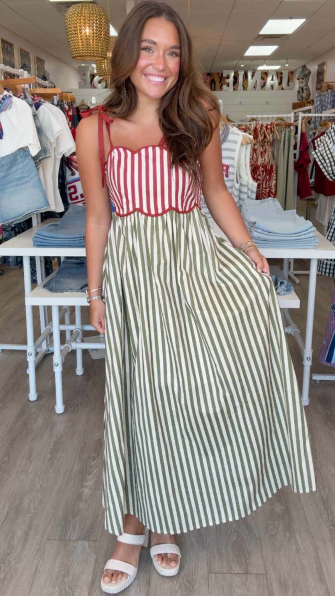 Rust Olive Scallop Stripe Midi Dress