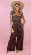 Leopard Suede Strapless Belted Jumpsuit