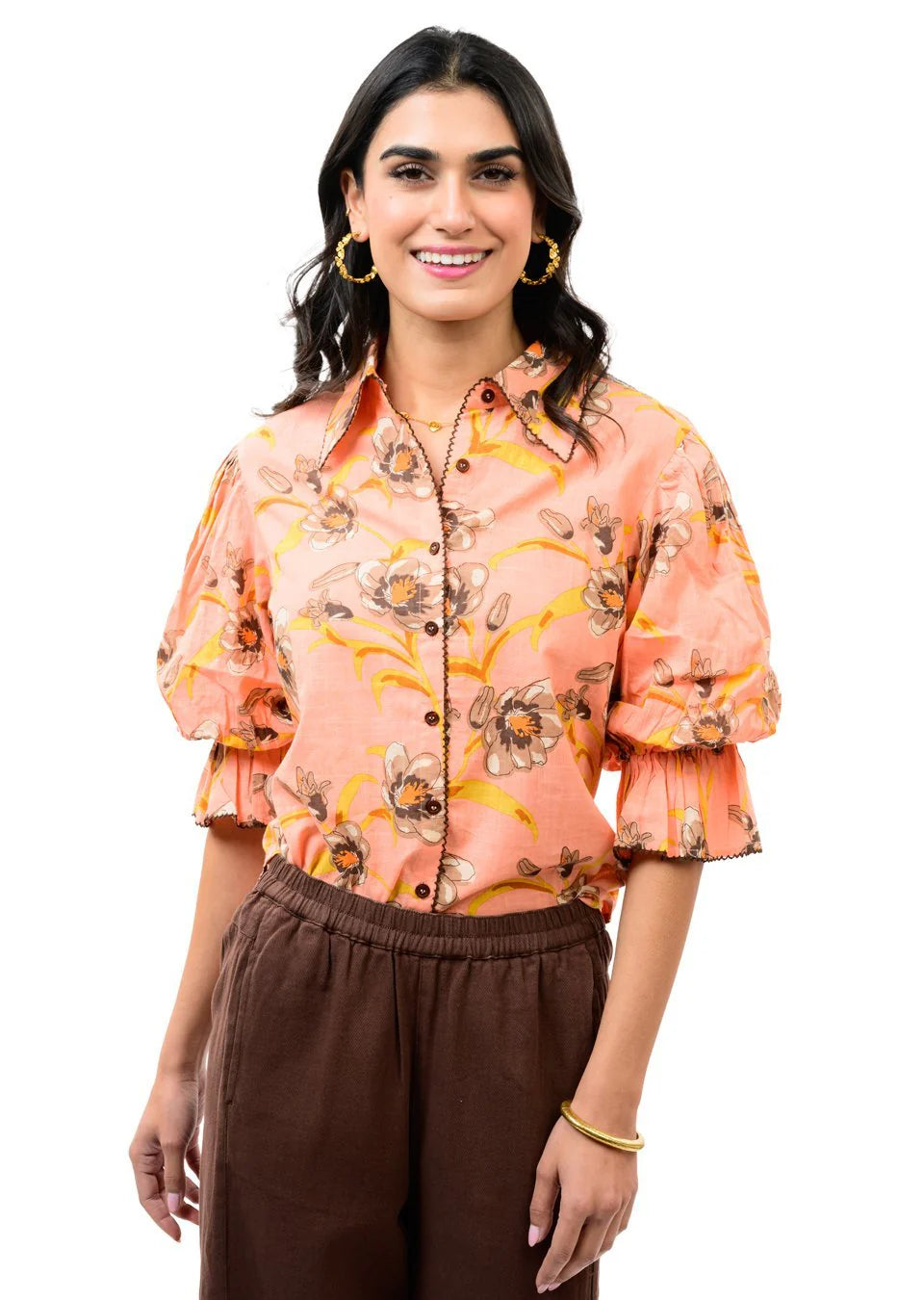 Ivy Jane Coral Pointed Collar Poof Sleeve Top