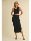 Black Button Down Sleeveless Cropped Top Midi Skirt Set
