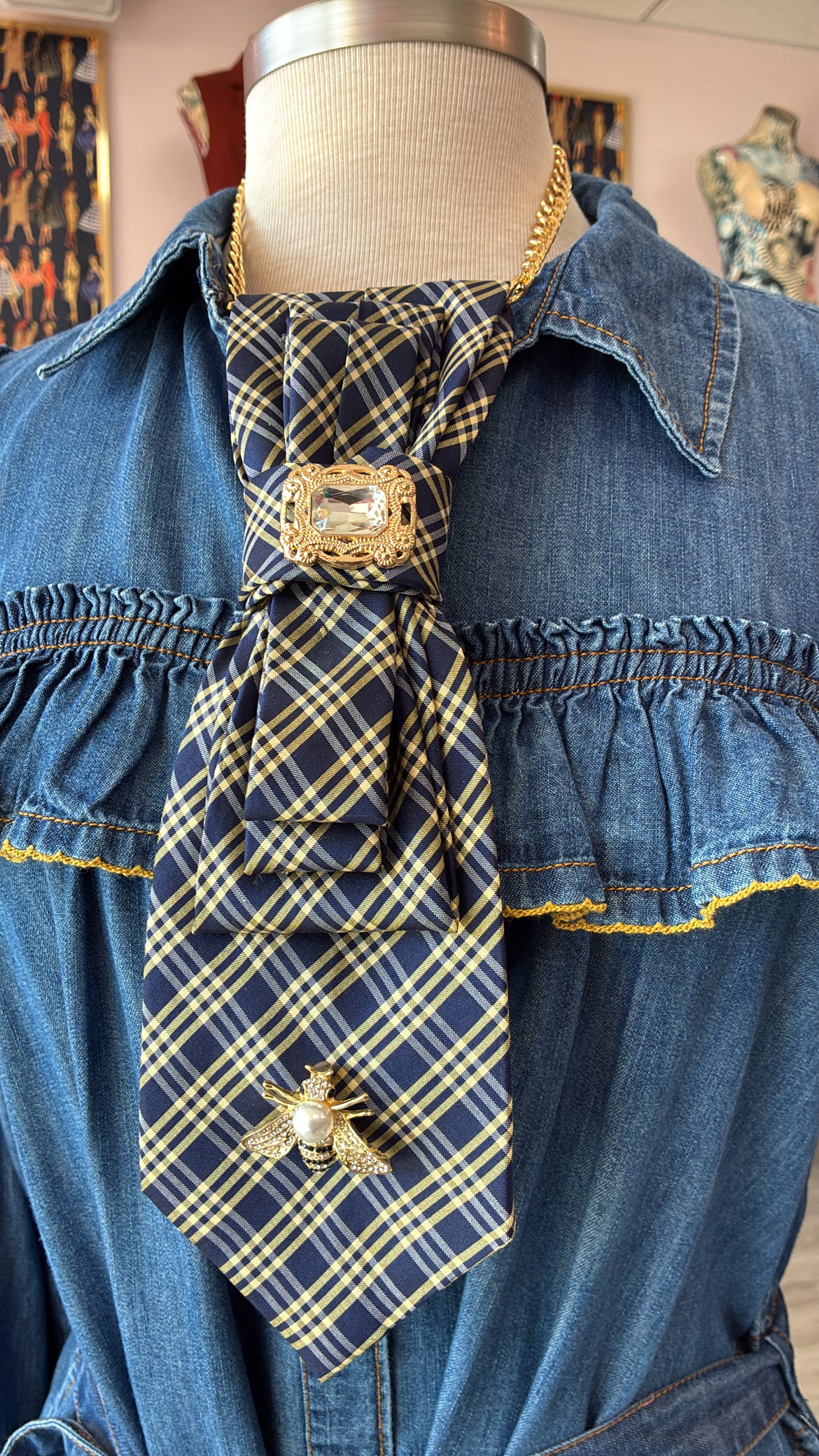 Tie Necklace | Navy Tie + Classy Bee Brooch