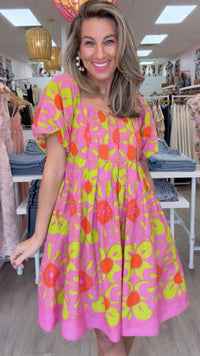 Ivy Jane Hot Pink Pop Flower Border Dress