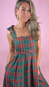 Green and Red Plaid Tie Shoulder Midi Dress