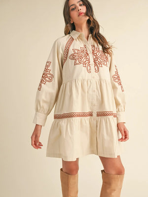 Embroidered Oat w/ Rust Mini Dress