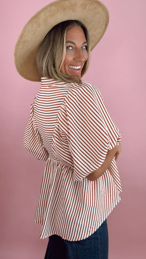Rust Stripe Puff Sleeve Top