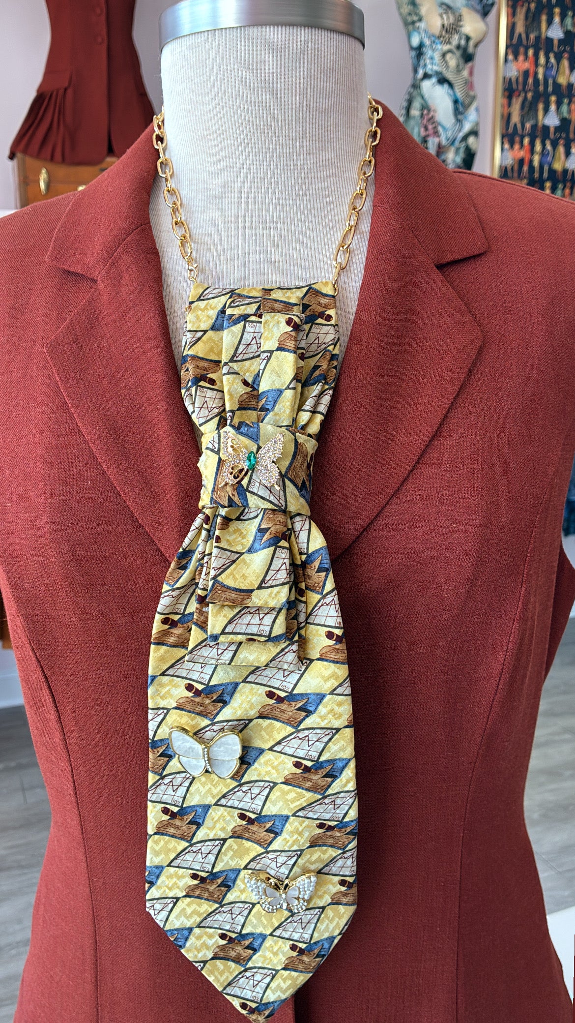 Tie Necklace | Yellow Business Print + Butterfly Brooch