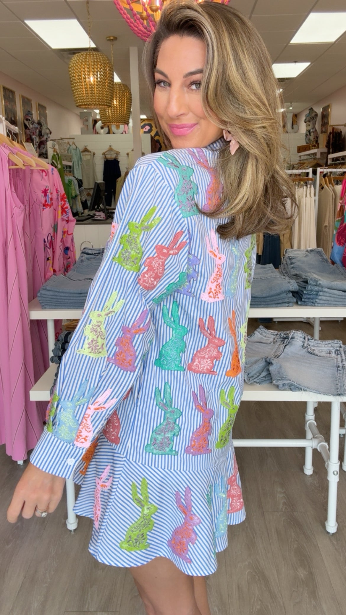 Queen of Sparkles Blue/White Striped Easter Bunny Button-Up Cotton Dress