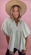 Olive Stripe Puff Sleeve Top