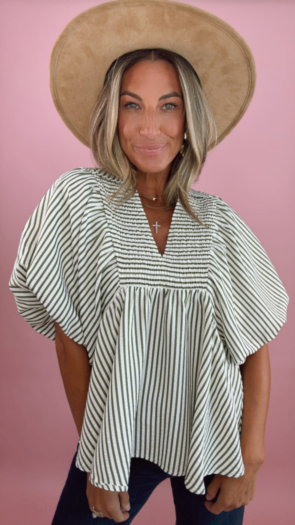 Olive Stripe Puff Sleeve Top