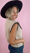 Taupe/ Black Tie Neck Sweater Vest with Contrast Blanket Stitch