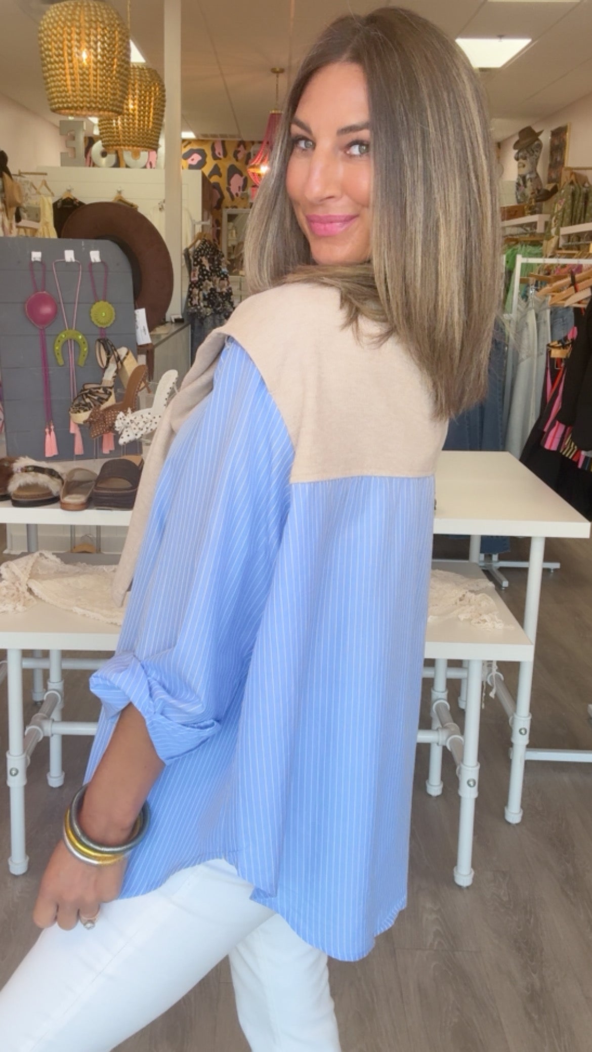 Karlie | Hailey Blue Stripe Poplin Sweater Buttondown