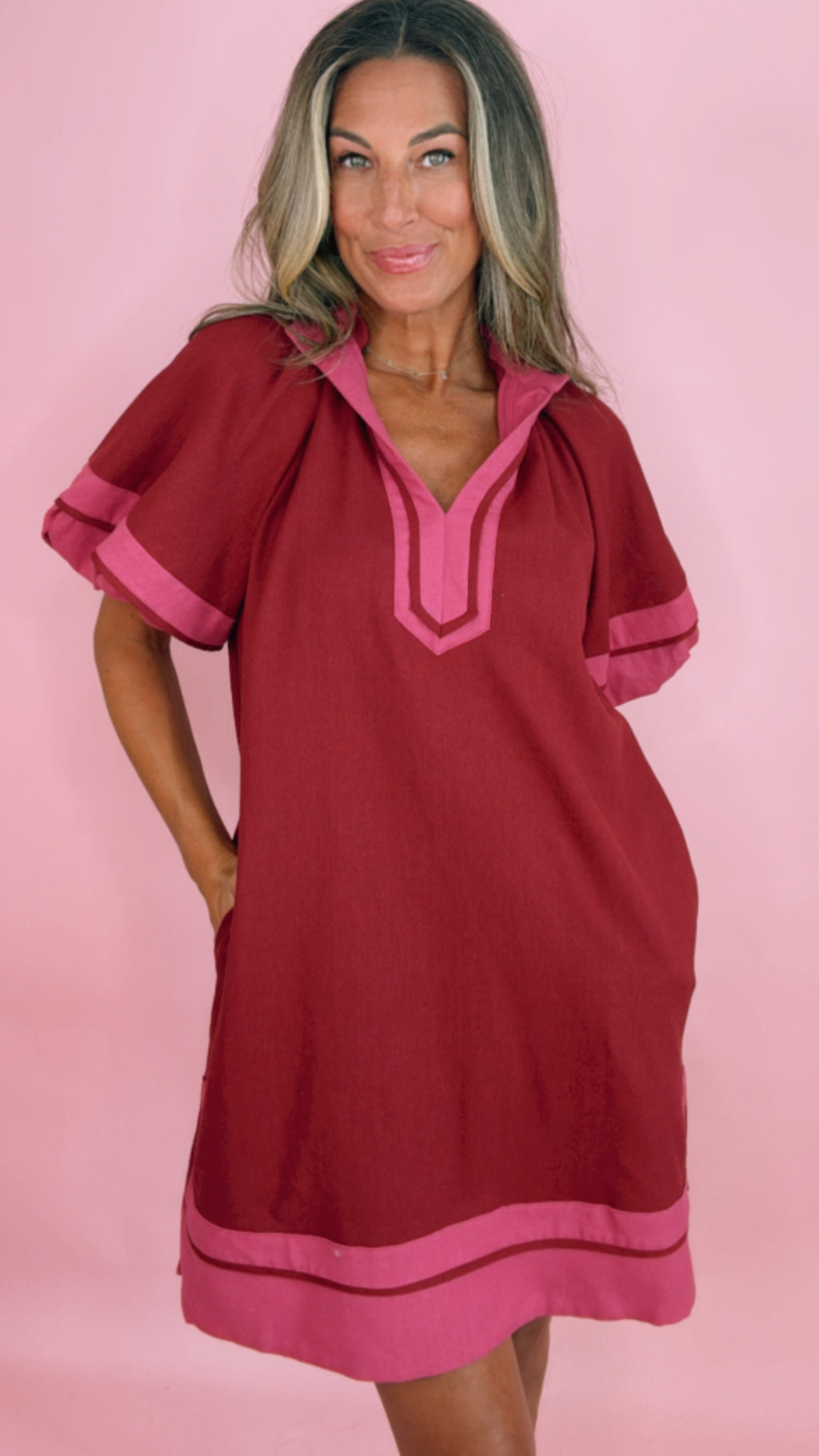 Burgundy Solid Contrast Puff Sleeve Dress (1 SMALL)