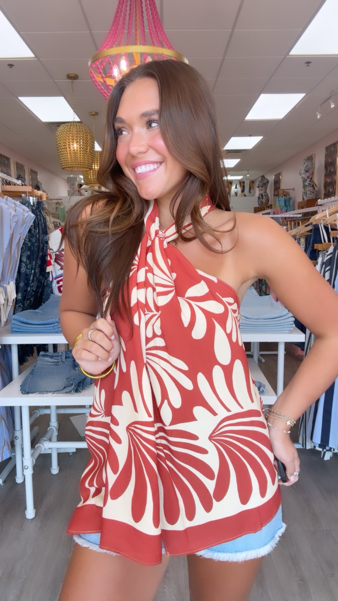 Red Floral Acacia Halter Top
