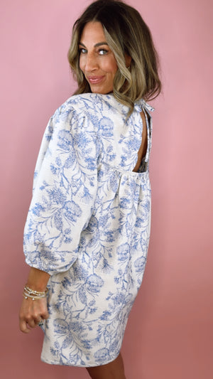 Blue Floral Jacquard Puff Sleeve Dress