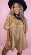 Mocha Suede Puff Sleeve Relaxed Fit Babydoll Romper