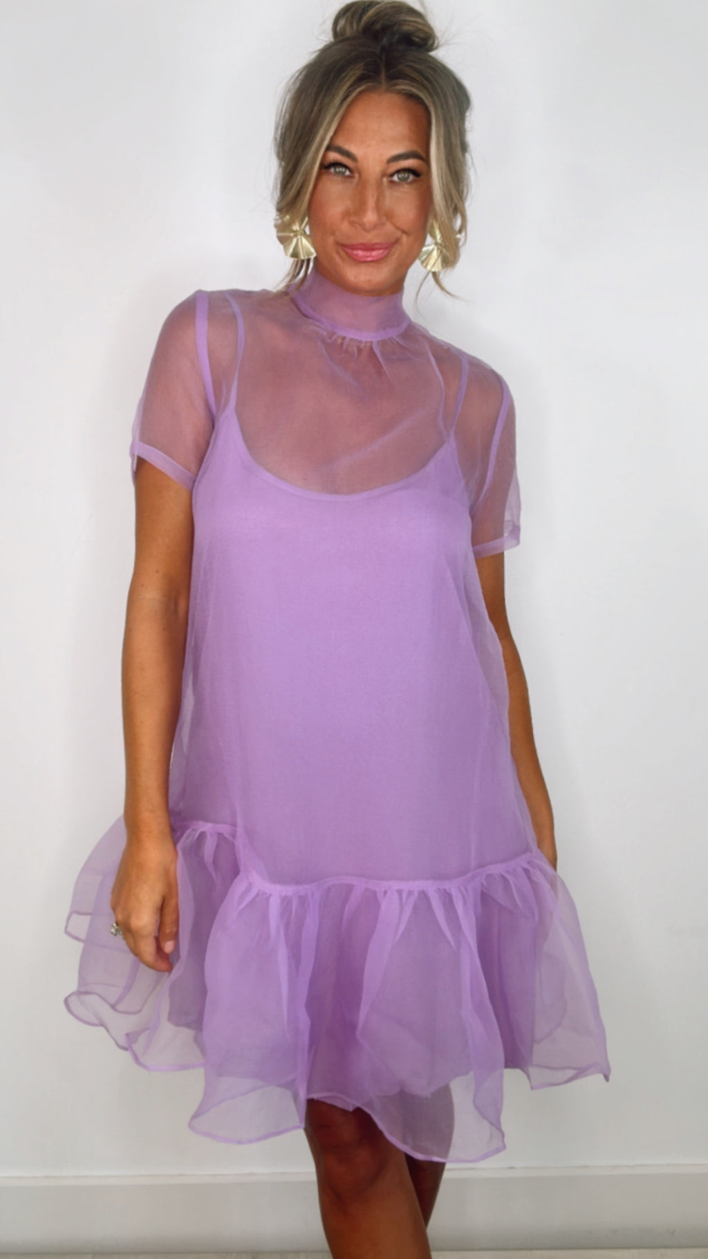 Karlie Lilac Organza Bow Mock Neck Dress