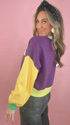 Queen of Sparkles Colorblock Fuzzy Mardi Gras Sweater