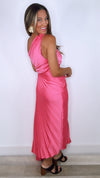 Karlie Bubblegum Satin One Shoulder Pleated Maxi Dress