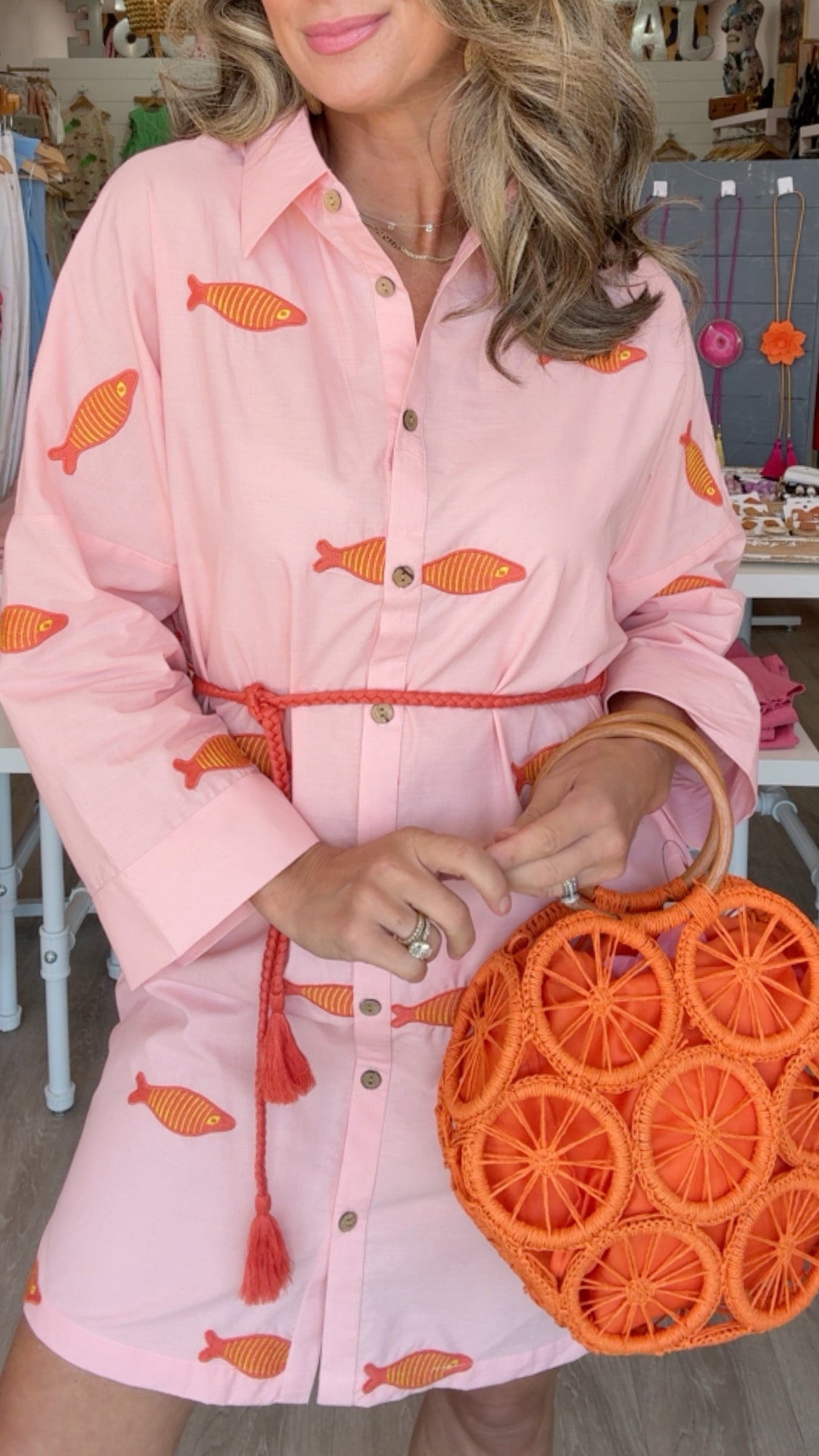 Ivy Jane | Blush Embroidered Fish Shirt Dress