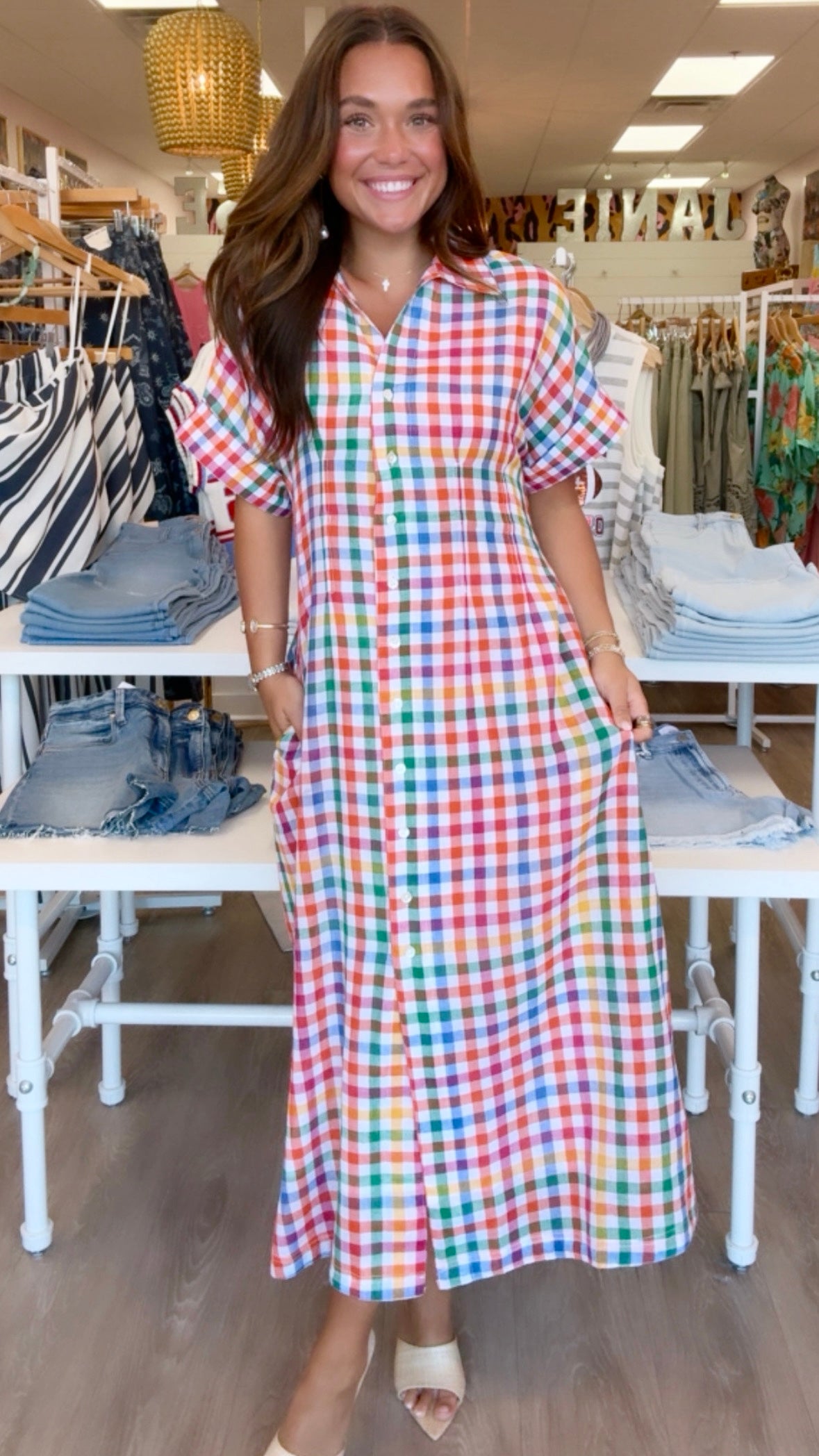 THML | Multi Short Slv Plaid Button Down Dress