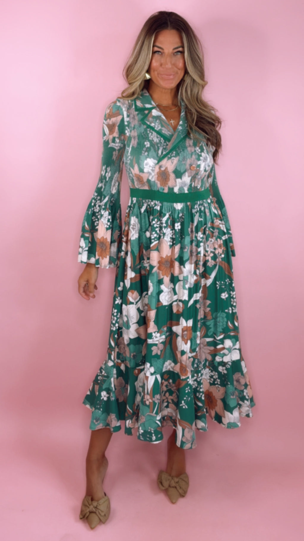 Current Air Green Floral Notched Collar Midi Dress