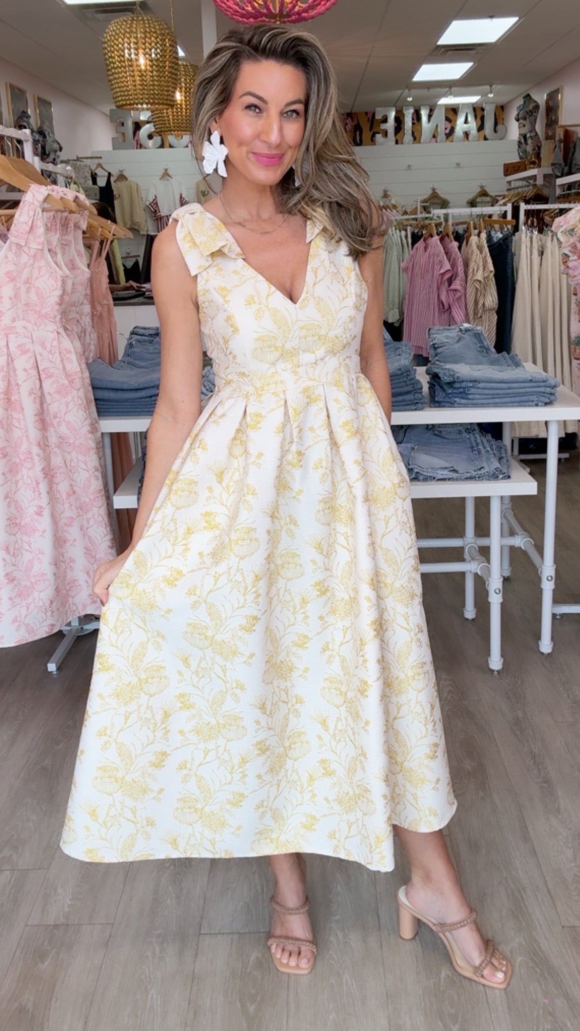 Gold Metallic Flower Bow Shoulder Midi Dress (MEDIUM)