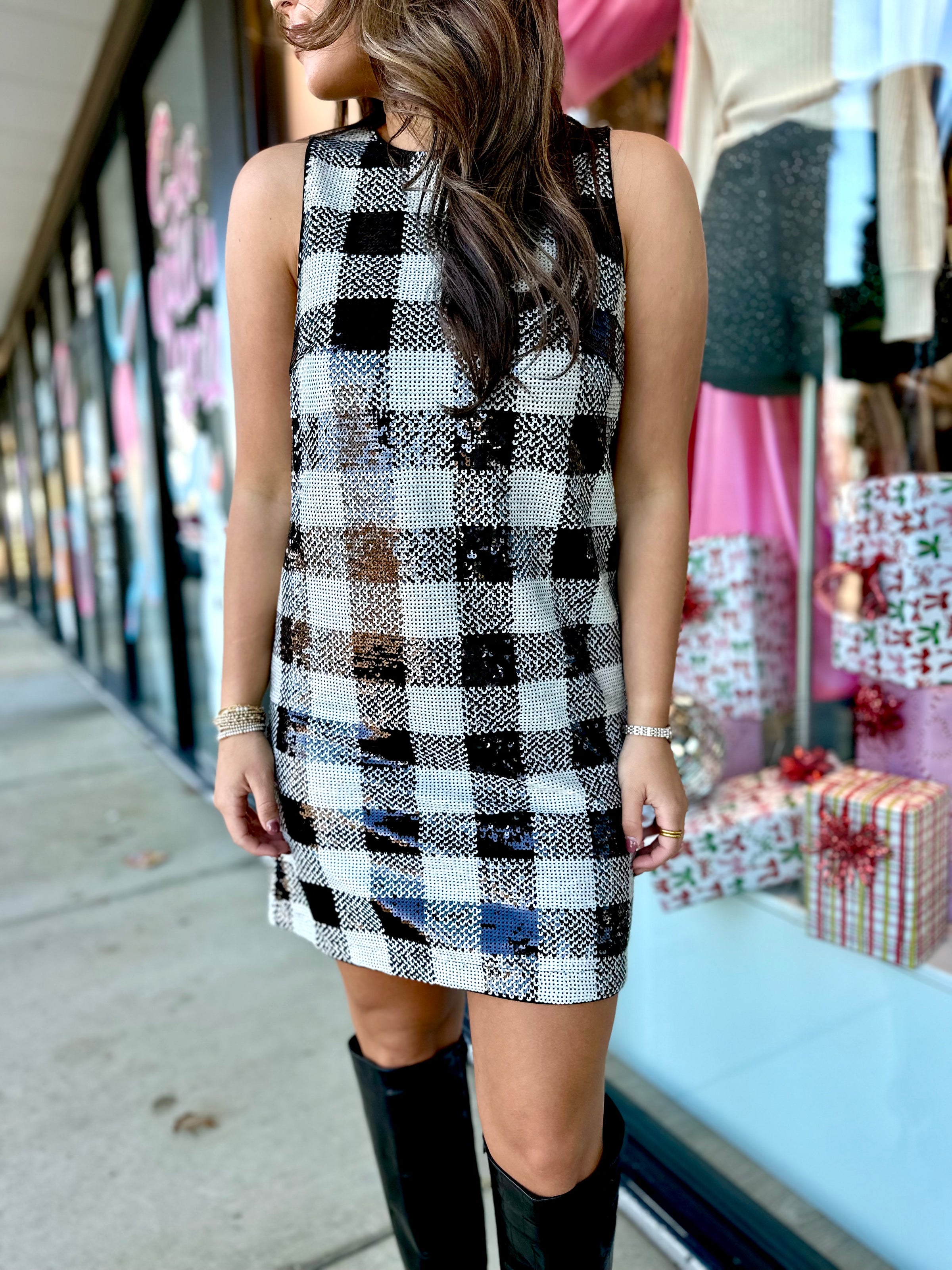 FRNCH Carra Checkered Sequin Dress (1 SMALL)