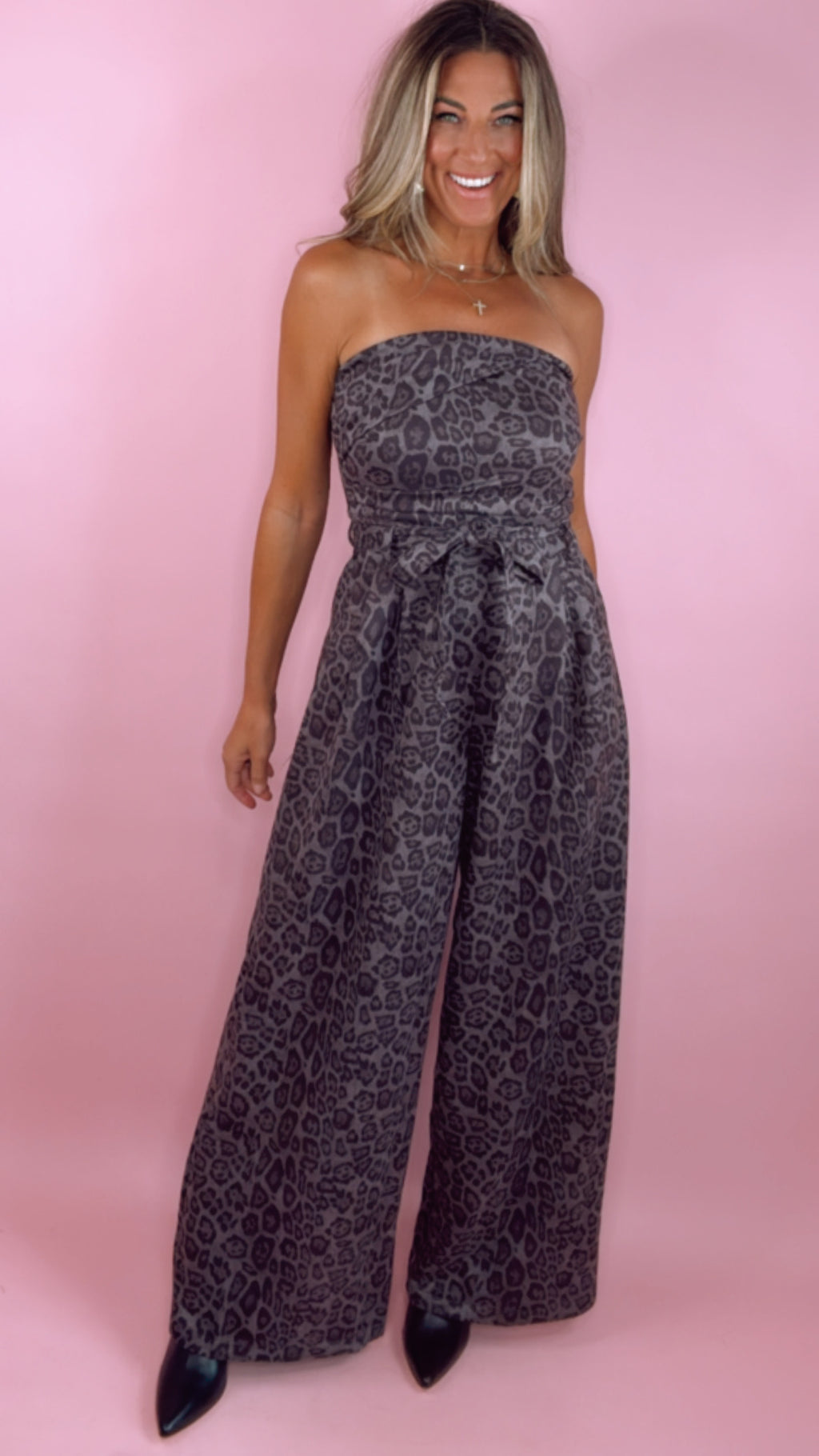 Grey Suede Strapless Belted Jumpsuit