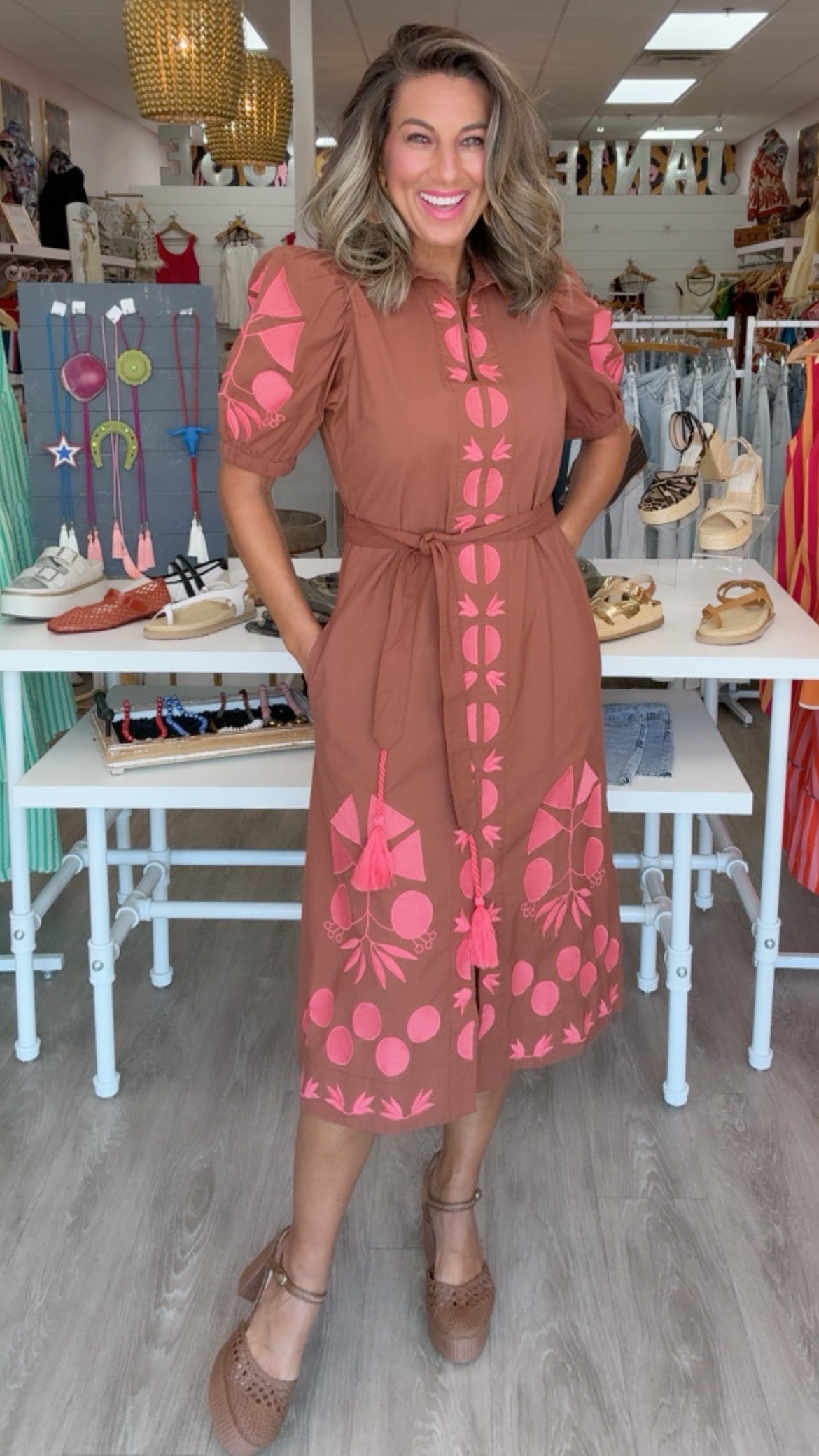 Ivy Jane Brown Placket Embroidered Dress