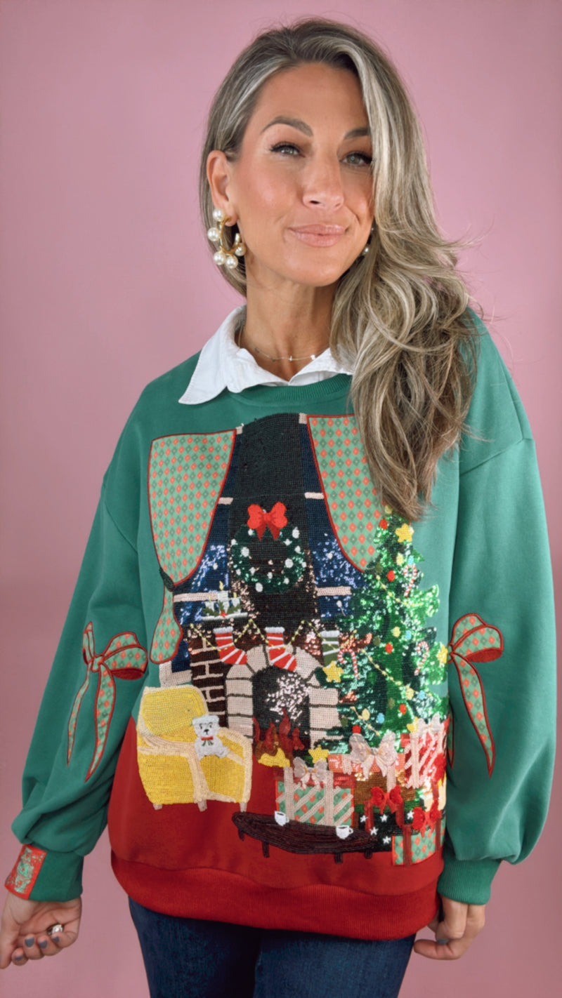 Queen of Sparkles Green Christmas Living Room Sweatshirt w/ Bow Sleeves