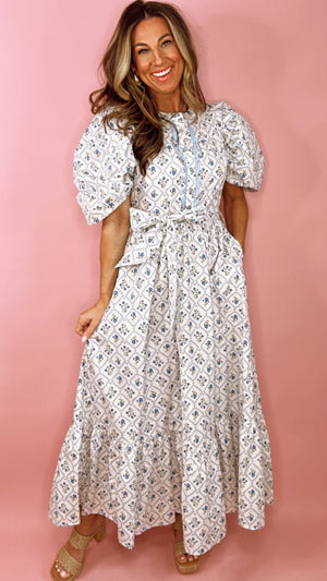 French Floral Garden Puff Sleeve Maxi Dress