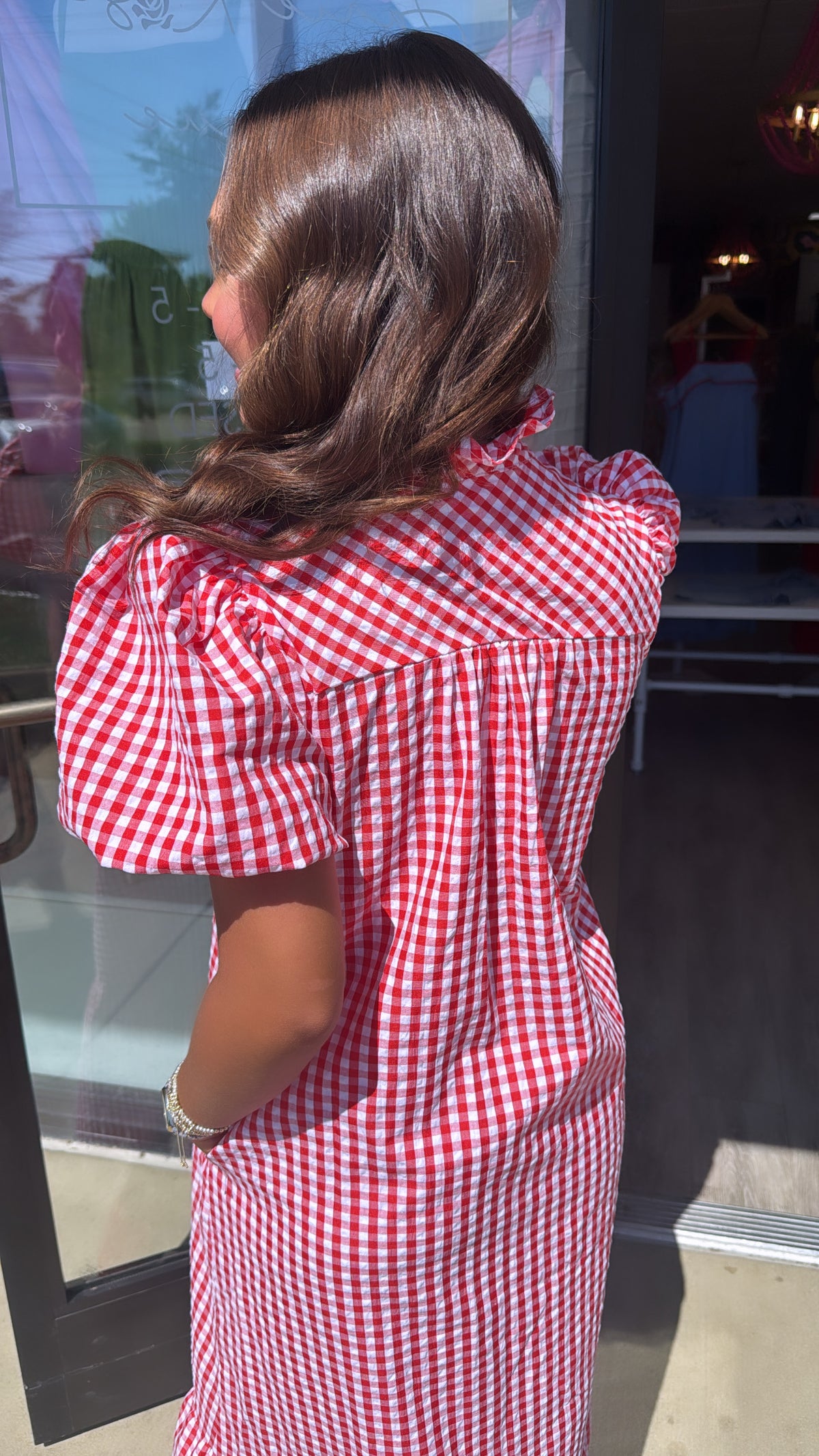 Red Gingham Puff Sleeve Midi Dress