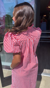 Red Gingham Puff Sleeve Midi Dress
