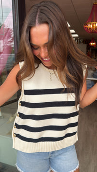 Cream Striped Sleeveless Knit Top